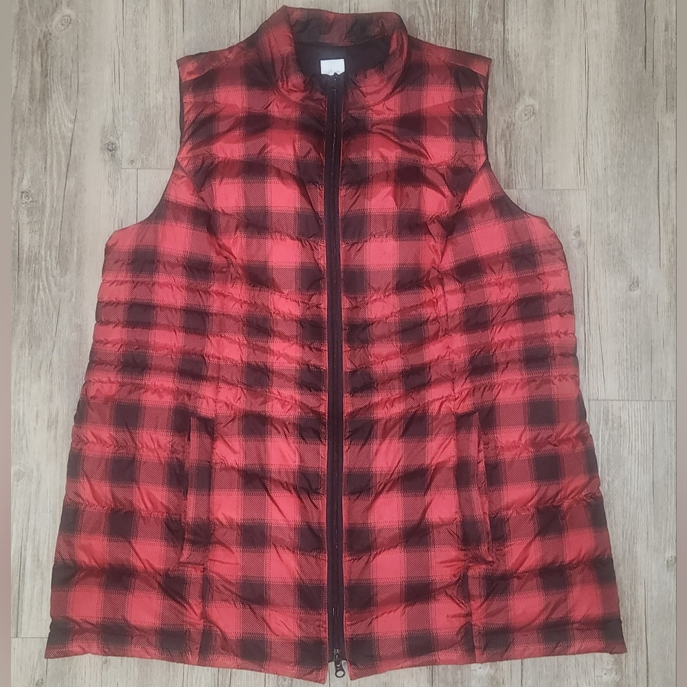 J. Jill Down Womens Size XL Red Black Buffalo Plaid Puffer Vest Full Zip Pockets